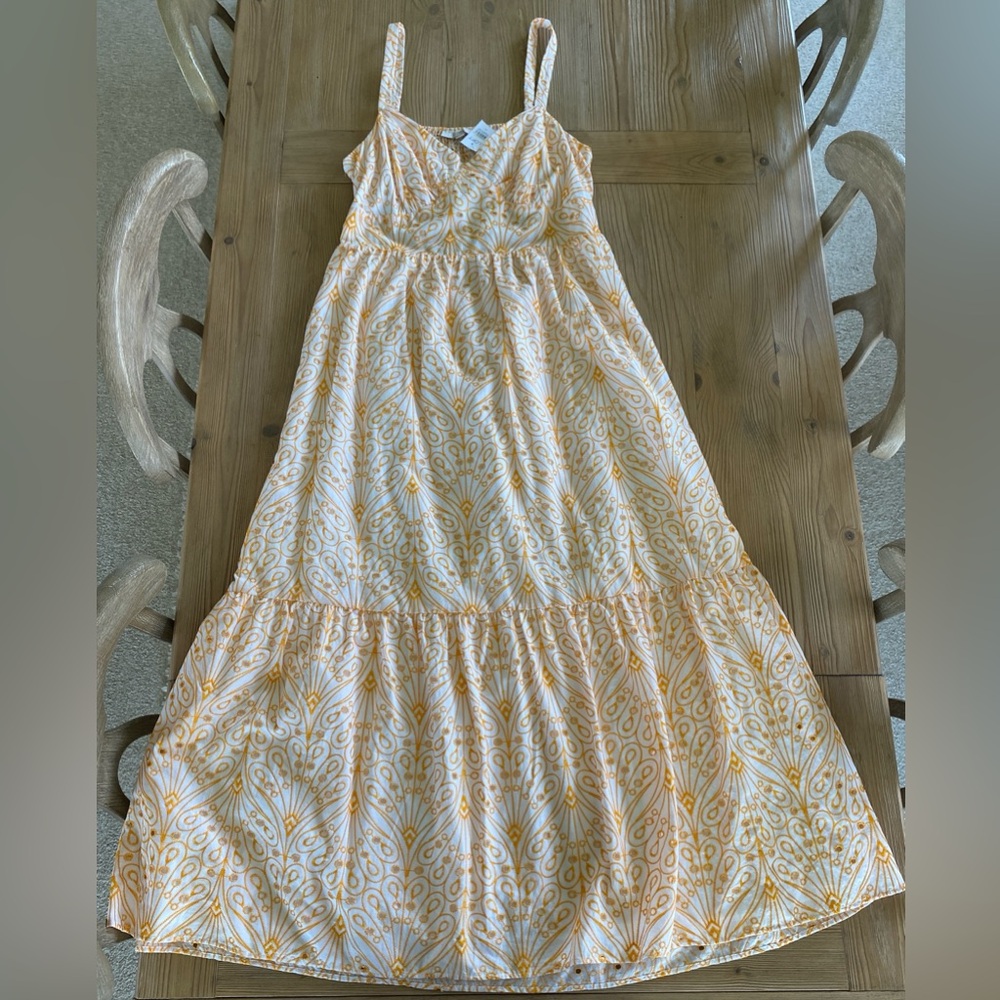 LOFT white and Yellow Floral-Print Sleeveless Tiered Dress size 14